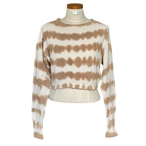 Forever 21 Cotton White and Tan Striped Tie Dye Crew Neck Cropped Sweater SzL